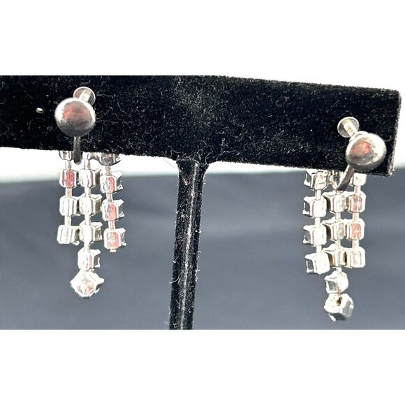 Rhinestone Earrings 3 Row Dangle Screw Back Vintage 1.5" Long Unsigned - Picture 5 of 5